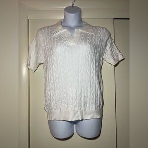 White Cable Knit Short Sleeve Collared Sweater Women’s Size XL